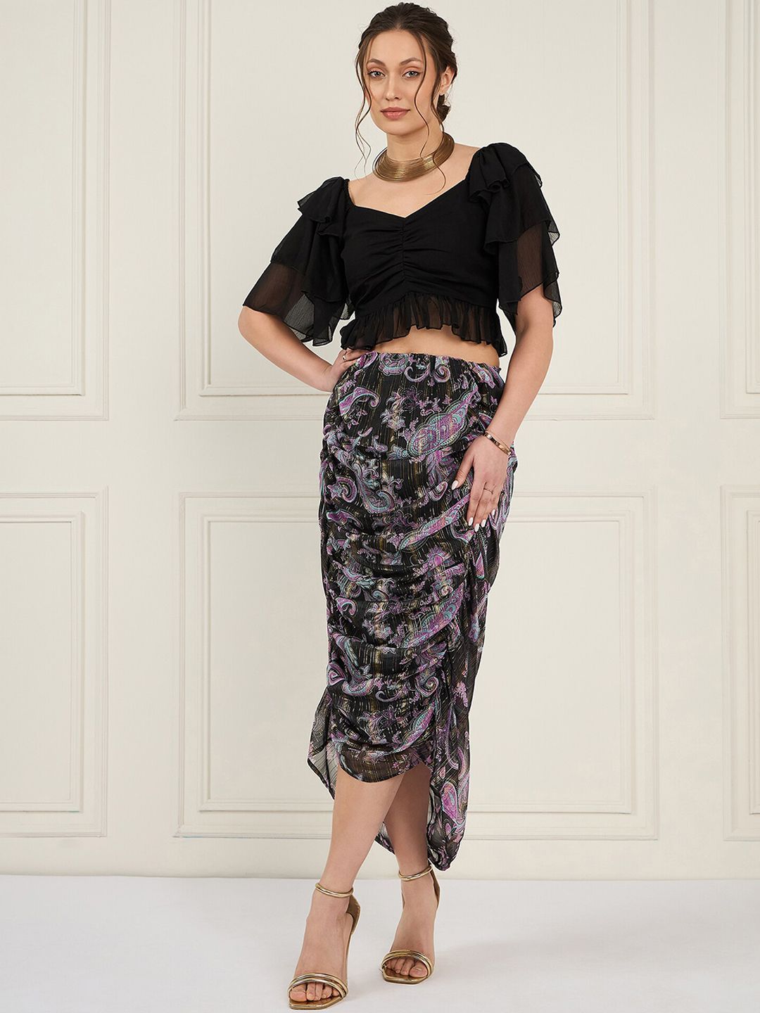 Antheaa Sweetheart Neck Crop Top With Printed Ruched Skirt