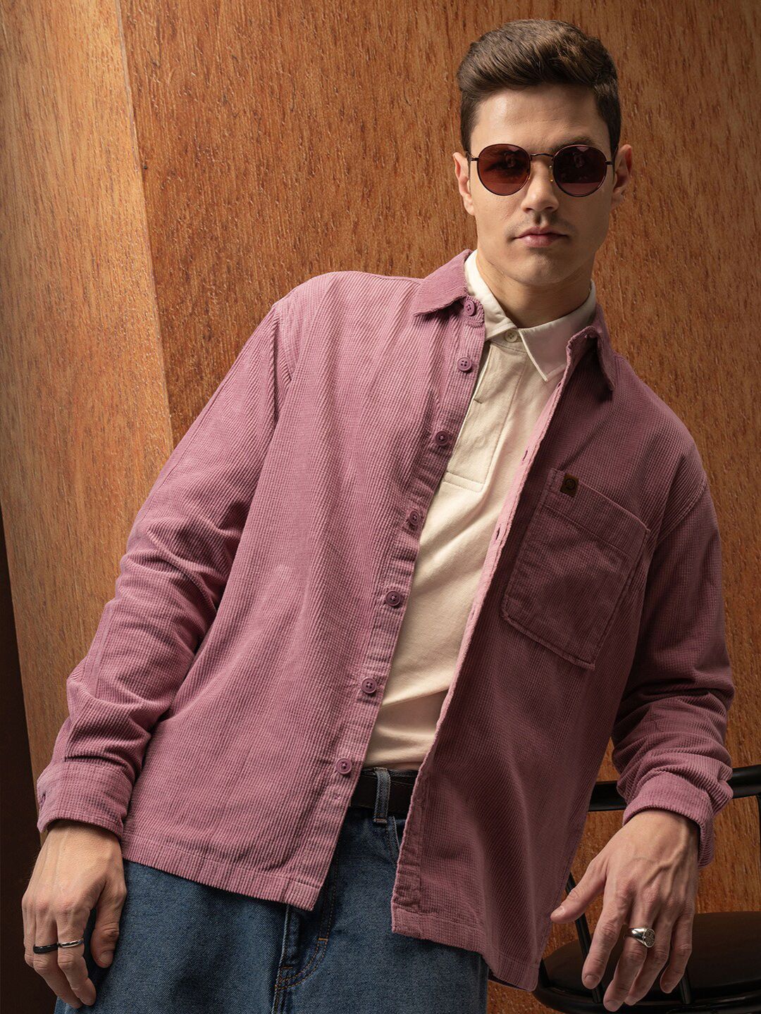 Locomotive Premium Men Pink Oversized Corduroy Solid Overshirt