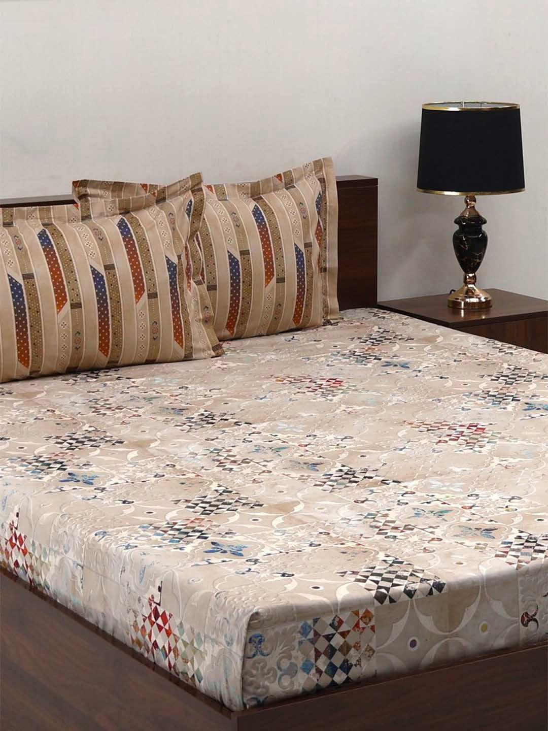 BOMBAY DYEING Fantasque Brown Floral Printed Cotton 180 TC King Bedsheet Set 2.74 x 2.74 m