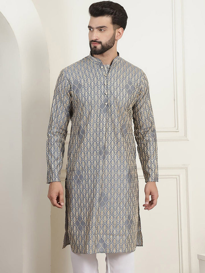 SOJANYA Floral Embroidered Mandarin Collar Pure Cotton Straight Kurta