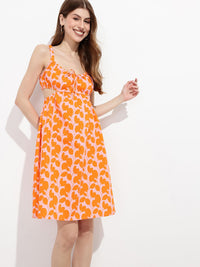 DressBerry Fiery Foliage Waist Cut-Out A-Line Dress