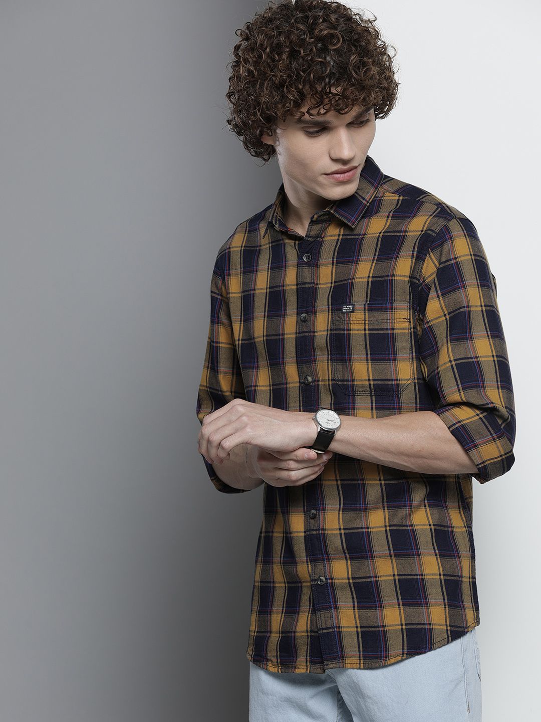 The Indian Garage Co Men Navy Blue & Mustard Yellow Checked Casual Shirt