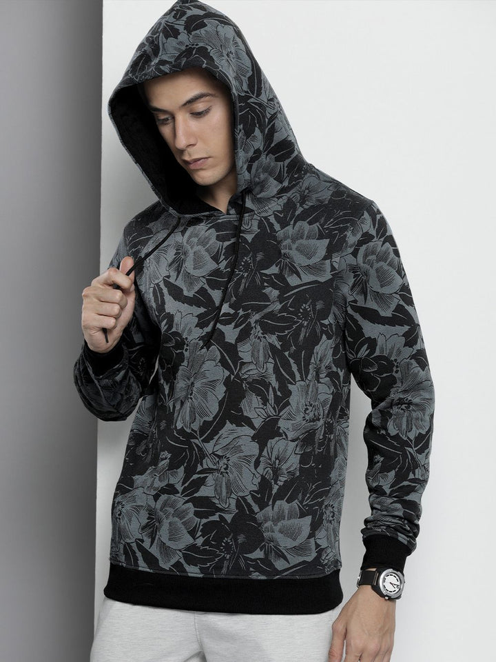 The Indian Garage Co Men Charcoal Grey Printed Hooded Sweatshirt