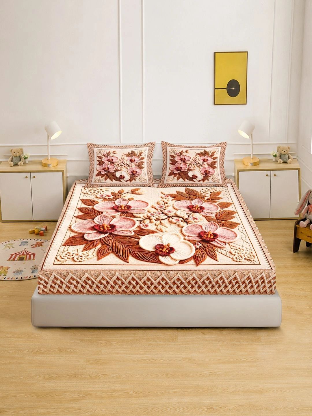 Moda Rapido X KLOTTHE Peach-Coloured & Brown Floral 400 TC King Bedsheet with 2 Pillow Covers