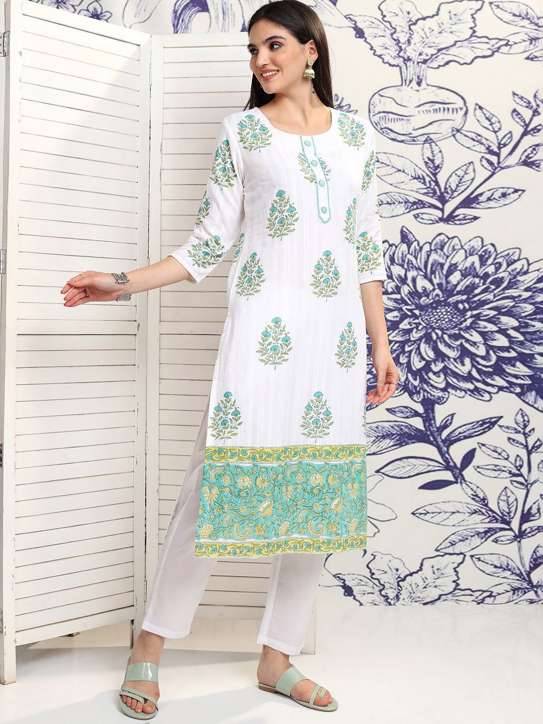 Vishudh White Floral Printed Pure Cotton Straight Kurta With Trousers & Dupatta