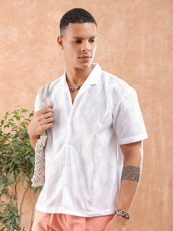 Lelaki Garage Co Indian Santai Fit Solid Warp Knit Lace Resortwear Shirt