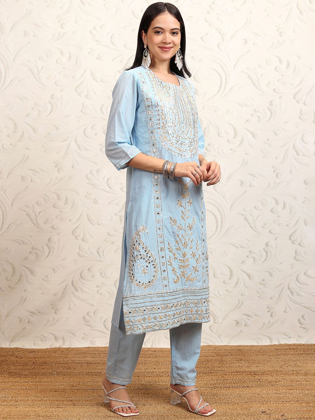 Vishudh Blue Embroidered Gotta Patti Pure Cotton Straight Kurta With Trousers & Dupatta