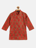 SOJANYA Lelaki Karat Coklat & Merah Rekaan Tenunan Kolar Mandarin Jacquard Kurta Lurus