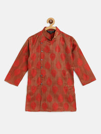SOJANYA Lelaki Karat Coklat & Merah Rekaan Tenunan Kolar Mandarin Jacquard Kurta Lurus
