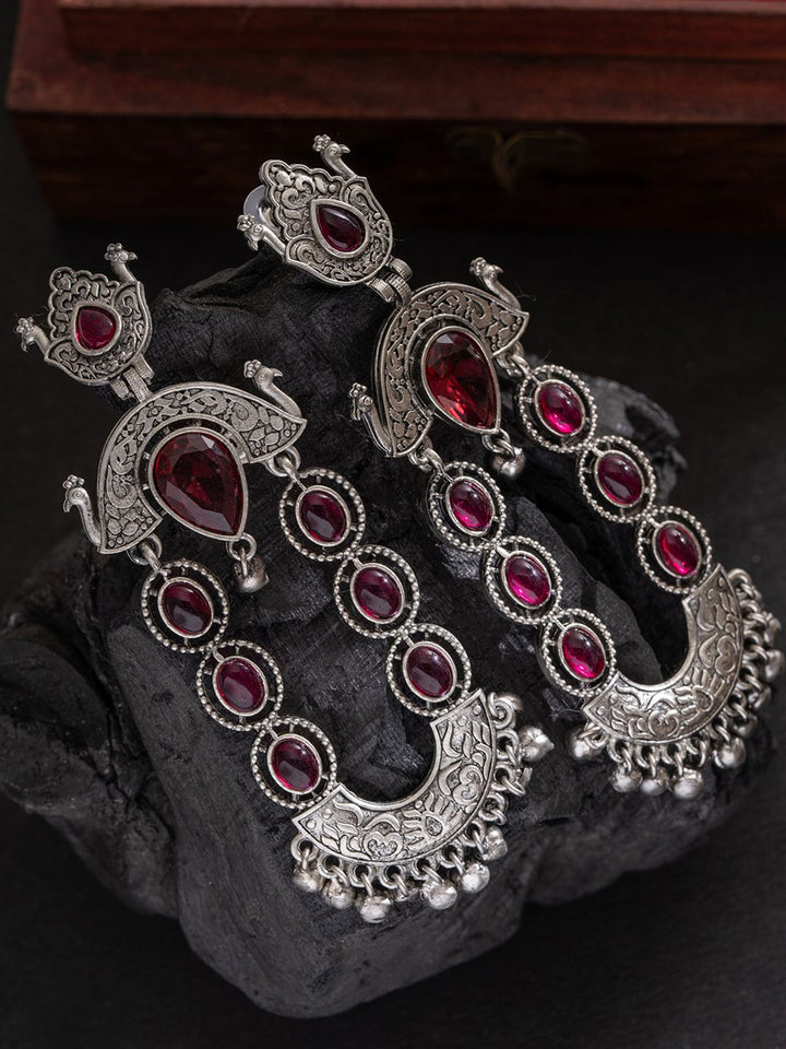 PANASH Silver-Plated Stones Studded And Beaded Contemporary Shaped Oxidized Drop Earrings