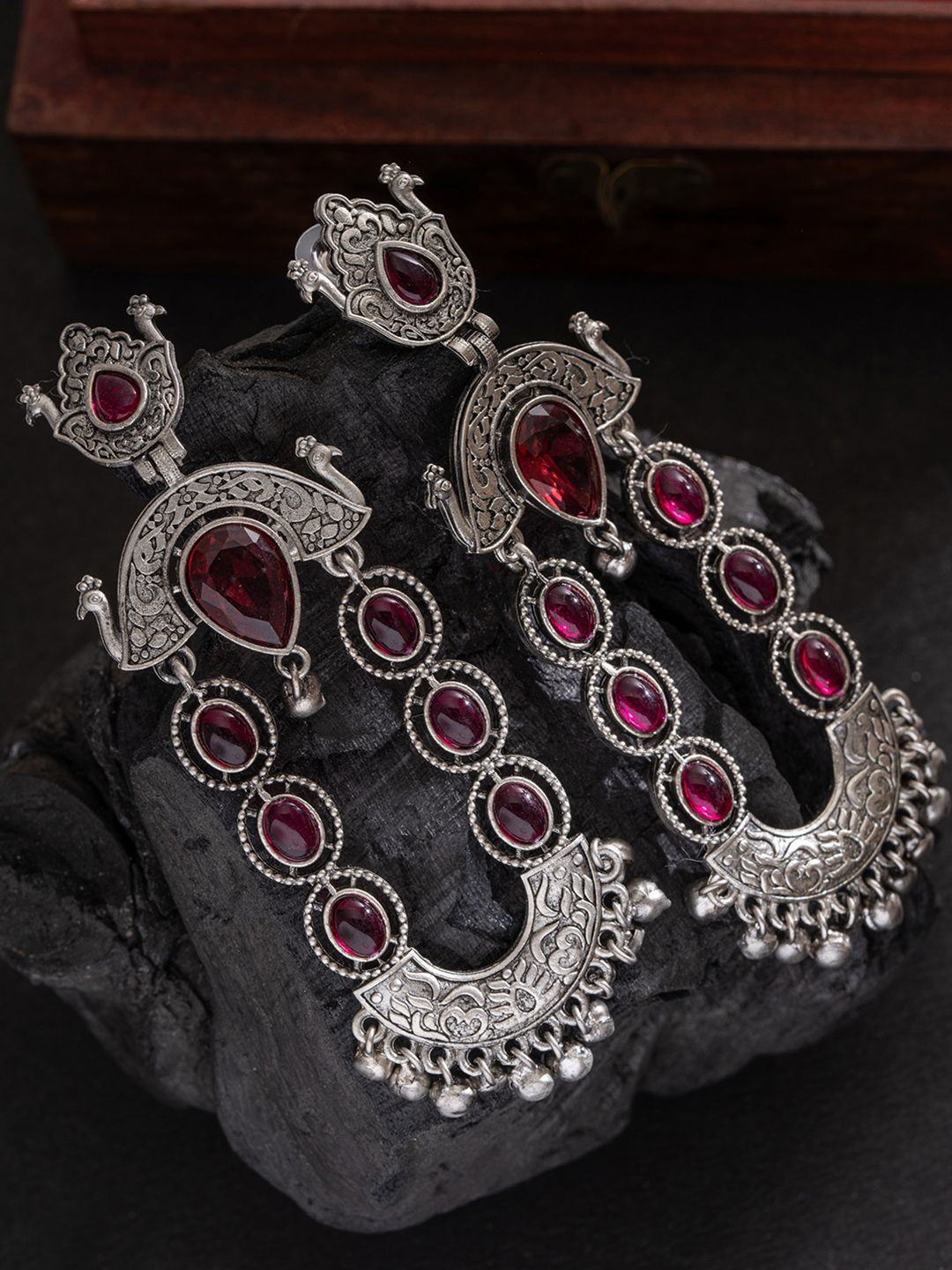 PANASH Silver-Plated Stones Studded And Beaded Contemporary Shaped Oxidized Drop Earrings