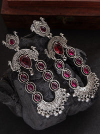 PANASH Silver-Plated Stones Studded And Beaded Contemporary Shaped Oxidized Drop Earrings