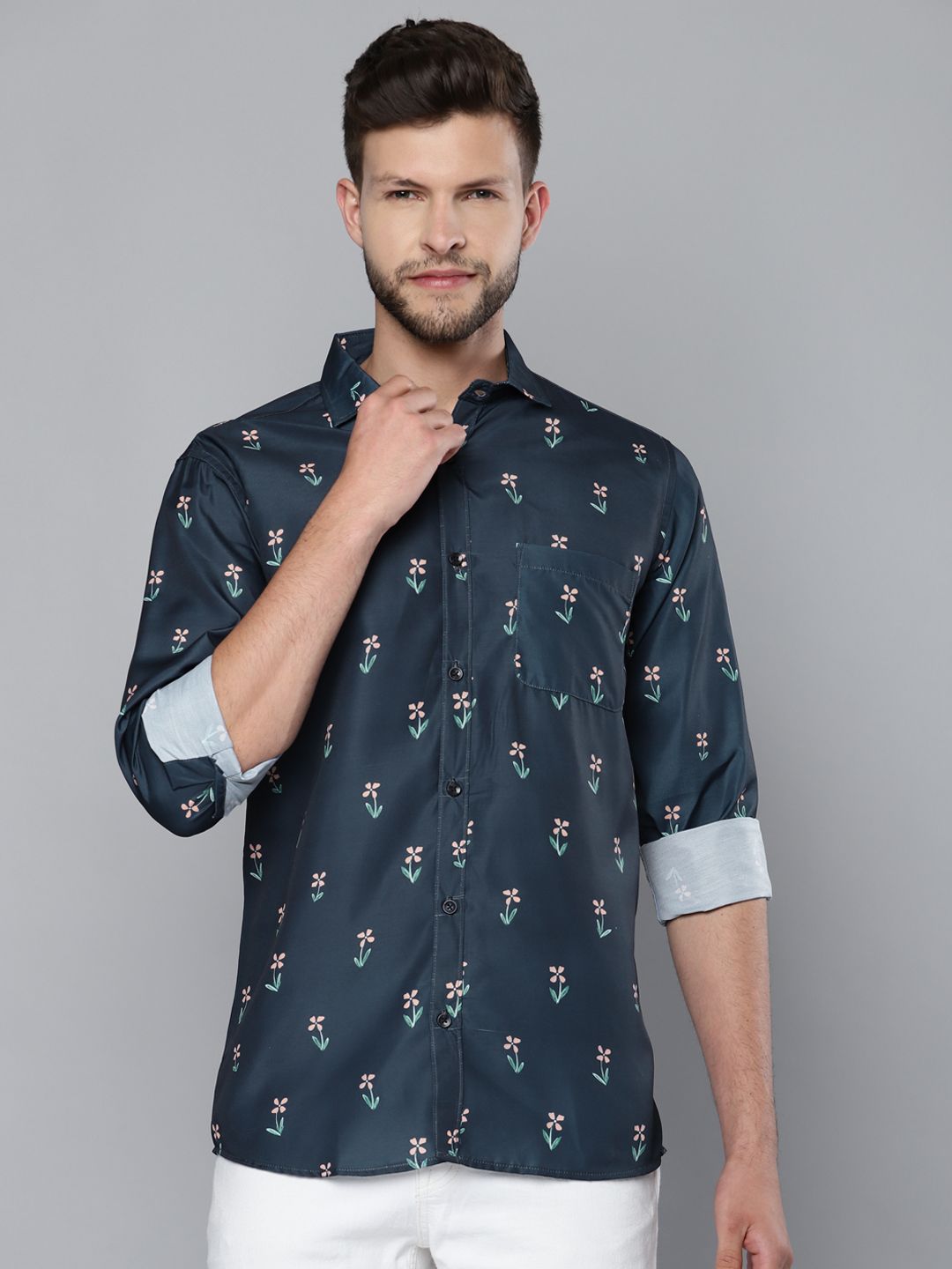 DENNISON Men Navy Blue Smart Slim Fit Floral Printed Formal Shirt