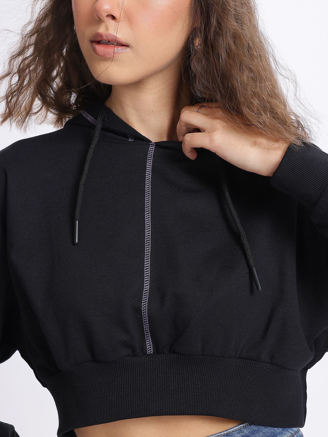DressBerry Drop-Shoulder Sleeves Crop Hooded Sweatshirt