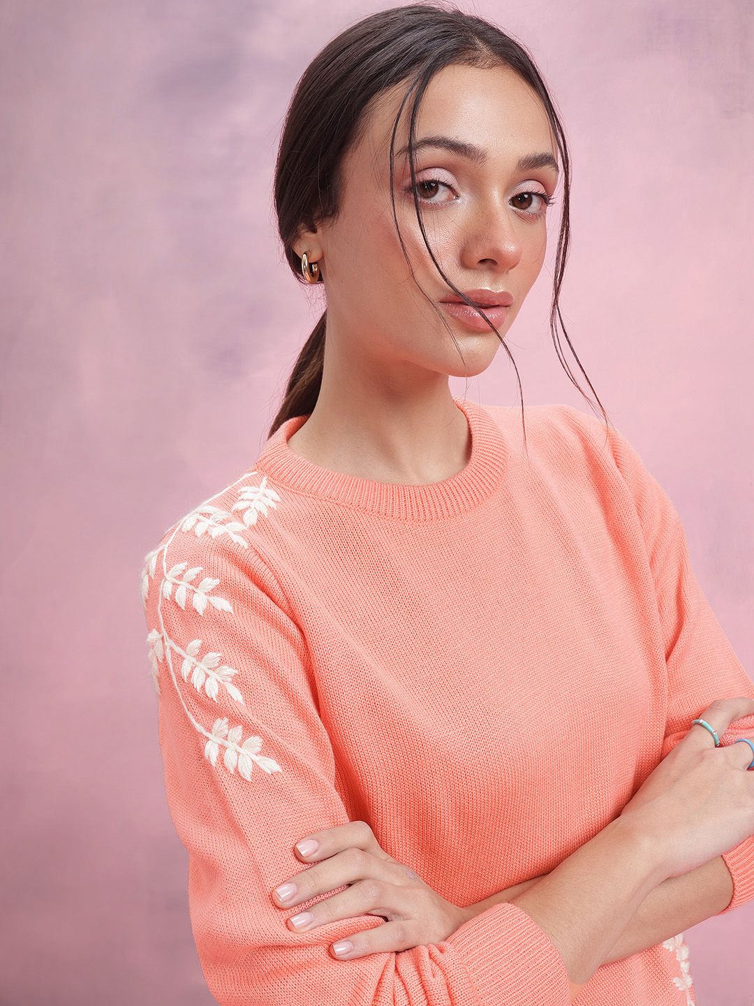 DressBerry Solid Pullover with Floral Embroidered Detail