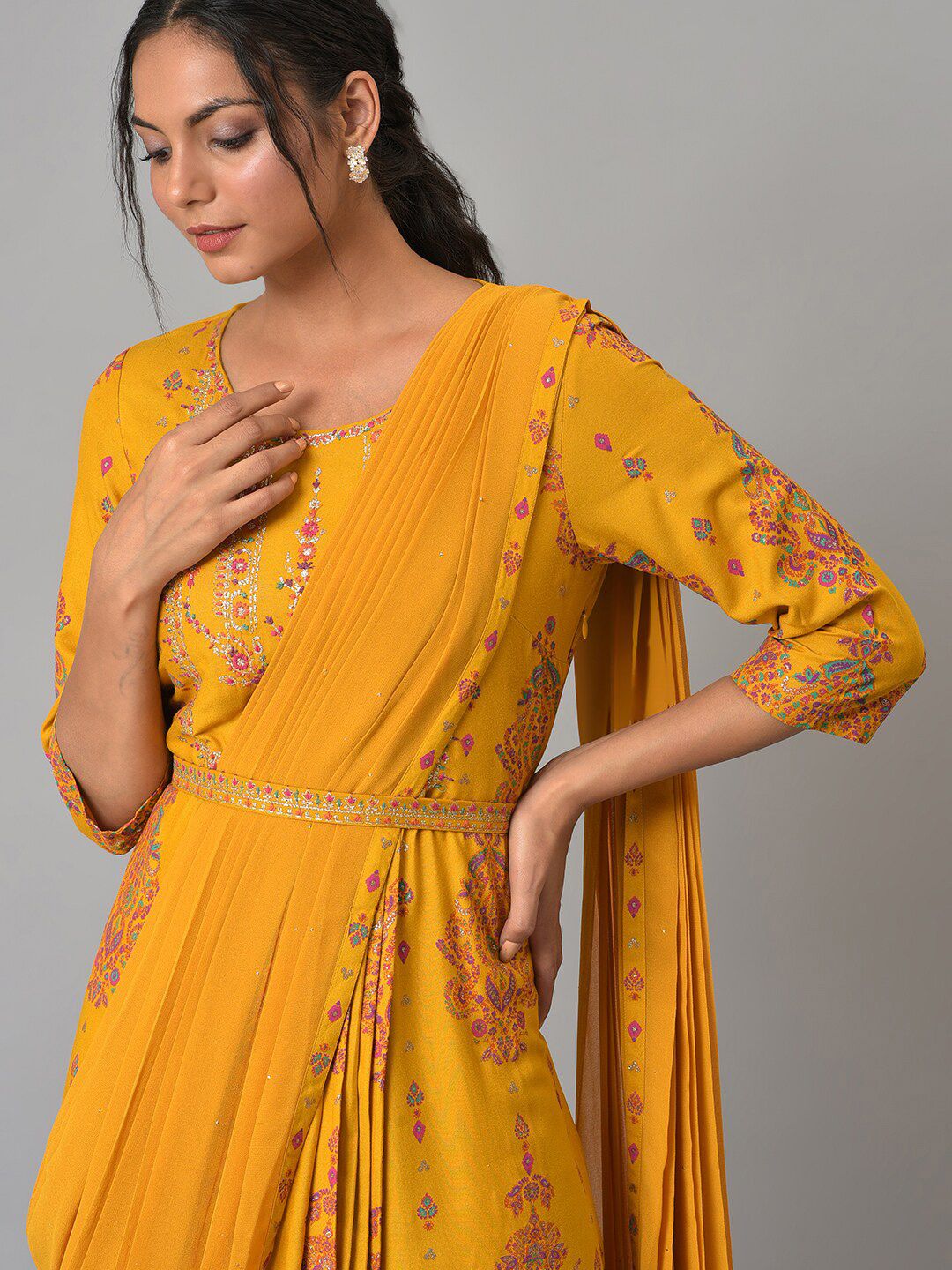 W Women Yellow Ethnic Motifs Printed Ethnic Maxi Dress