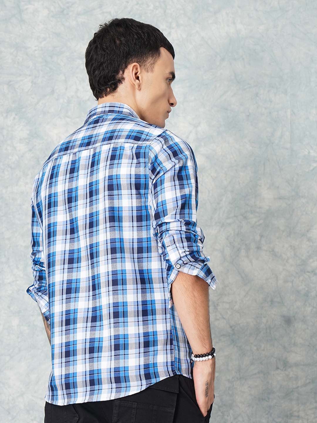 The Indian Garage Co Men Blue & White Slim Fit Checked Casual Shirt