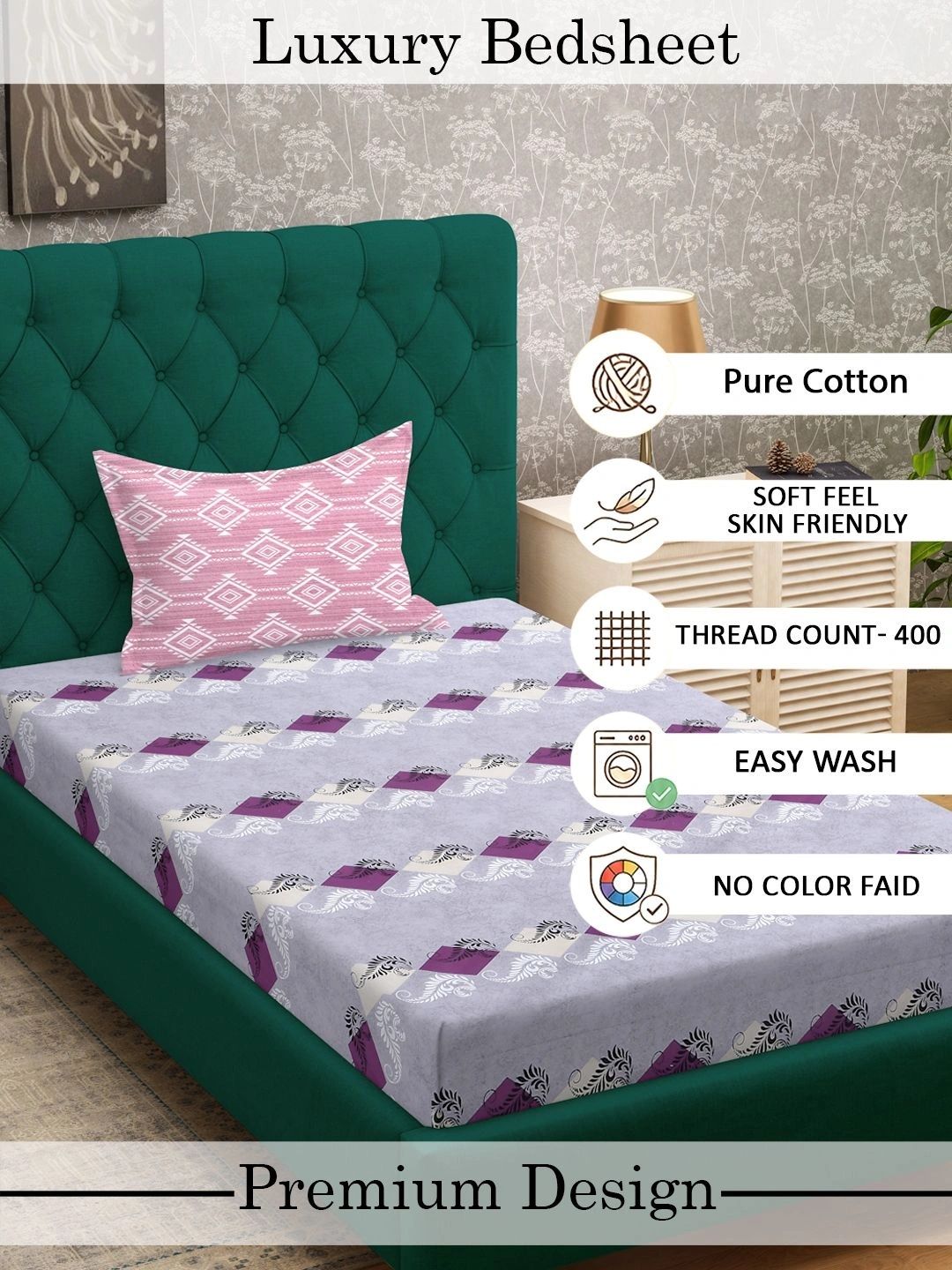 Myntra Elegant Homes Purple Geometric 400 TC Single Bedsheet with 1 Pillow Covers