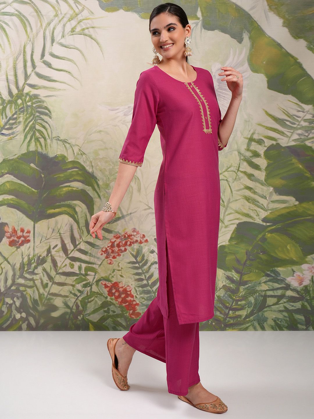 Vishudh Pink Vishudh Round Neck Embellished Straight Kurta & Palazzos With Dupatta