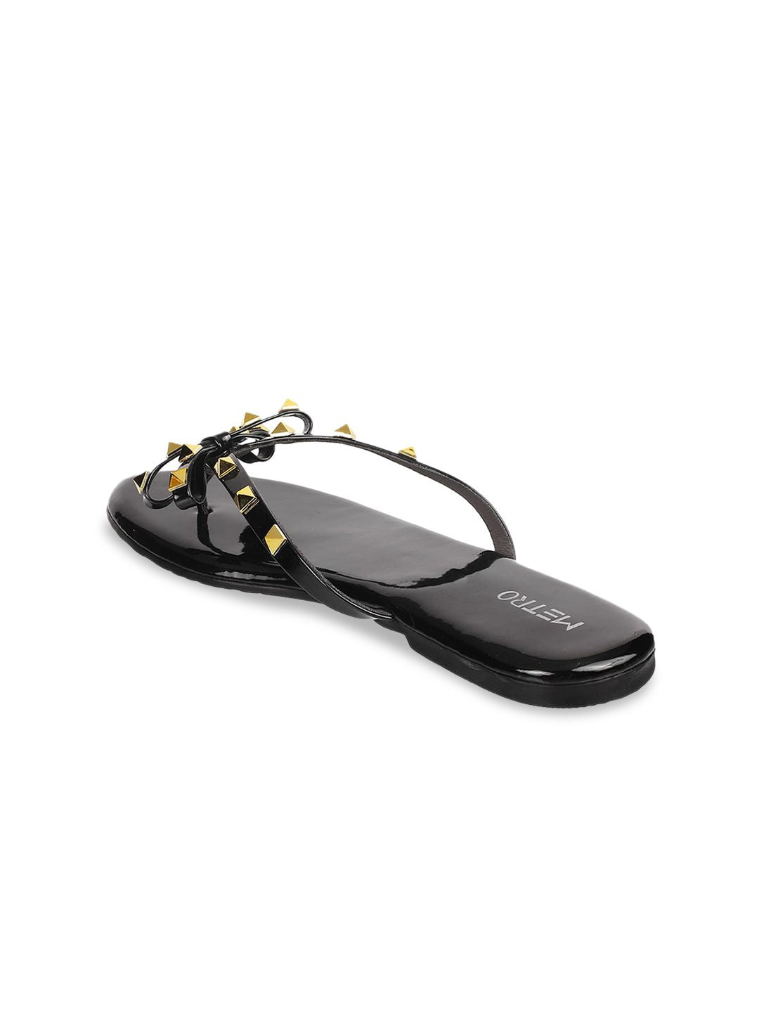 Metro Women Black Embellished T-Strap Flats