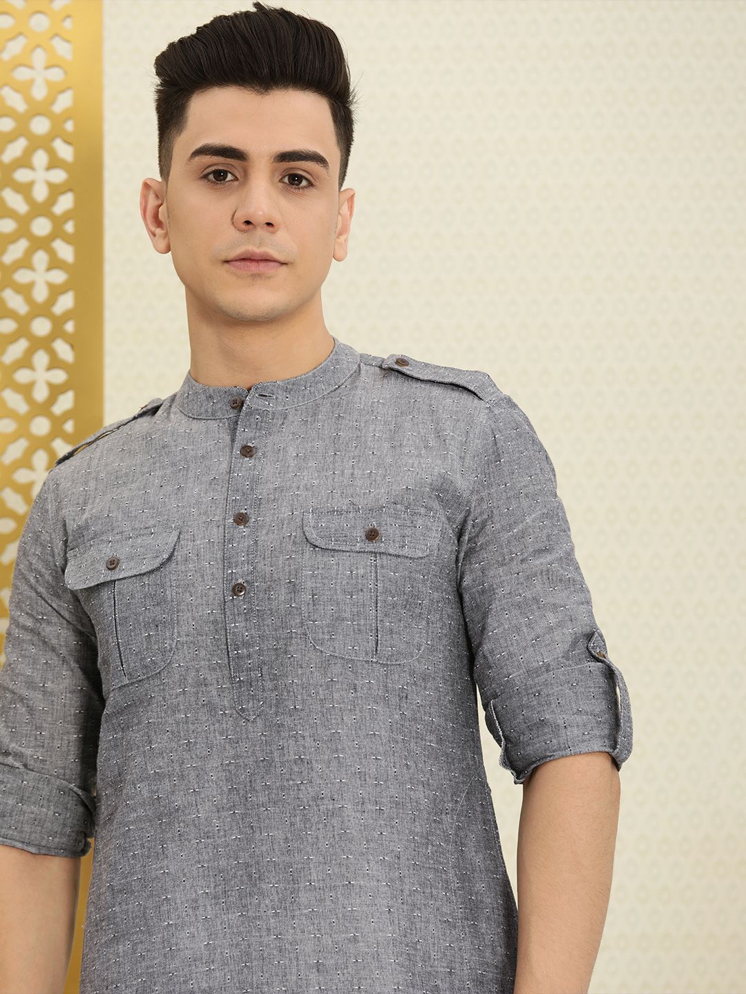 House of Pataudi Men Grey Solid Roll Up Sleeved Pathani Kurta