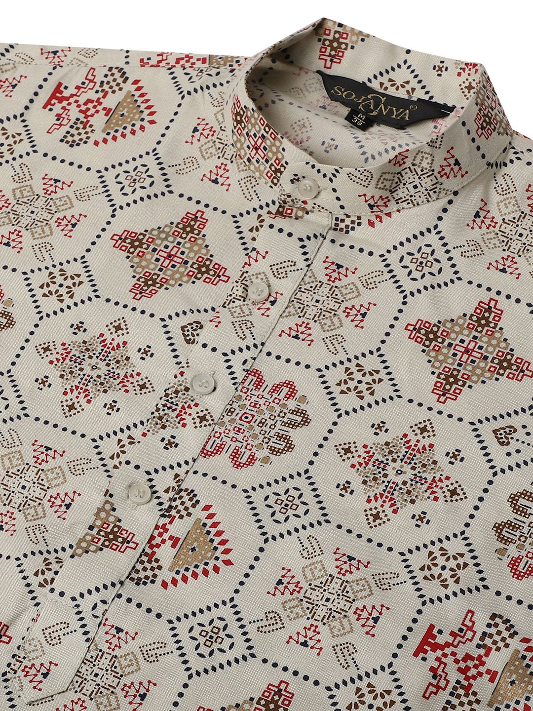 SOJANYA Men Cream-Coloured & Red Ethnic Motifs Printed Kurta