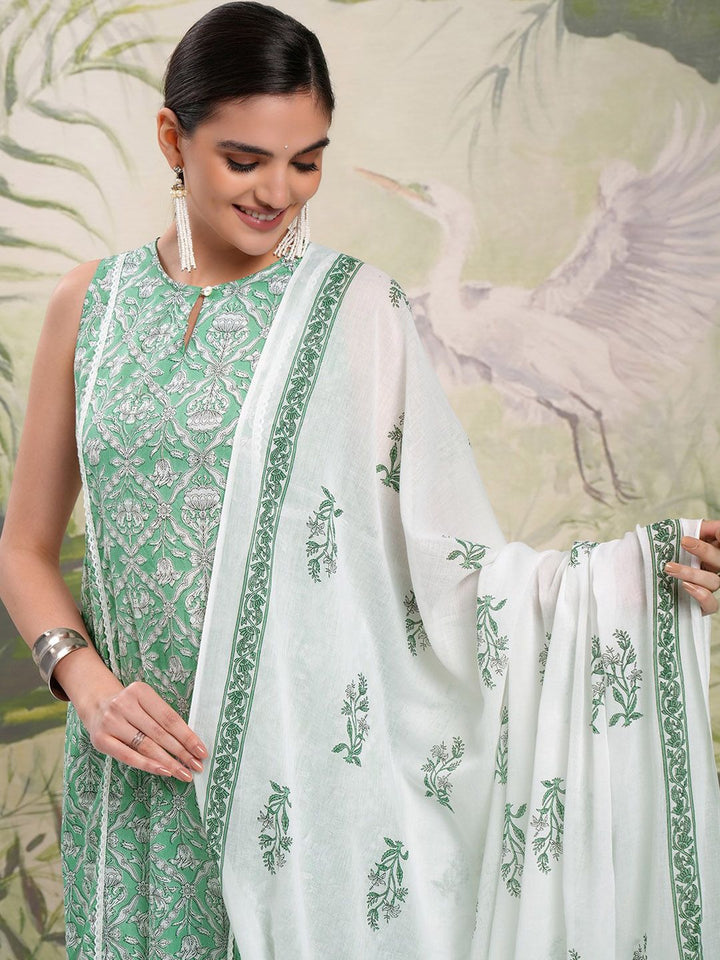 Vishudh White Floral Printed Gotta Patti Pure Cotton A-Line Kurta With Trousers & Dupatta