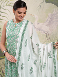 Vishudh White Floral Printed Gotta Patti Pure Cotton A-Line Kurta With Trousers & Dupatta
