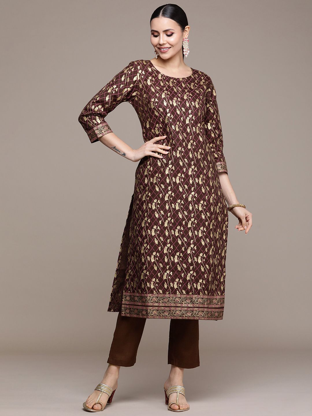 Anouk Women Brown Floral Printed Regular Kurta with Trousers