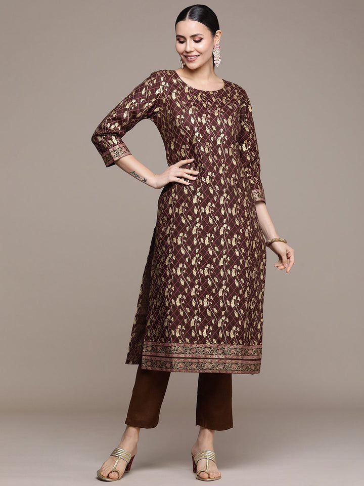 Anouk Women Brown Floral Printed Regular Kurta with Trousers