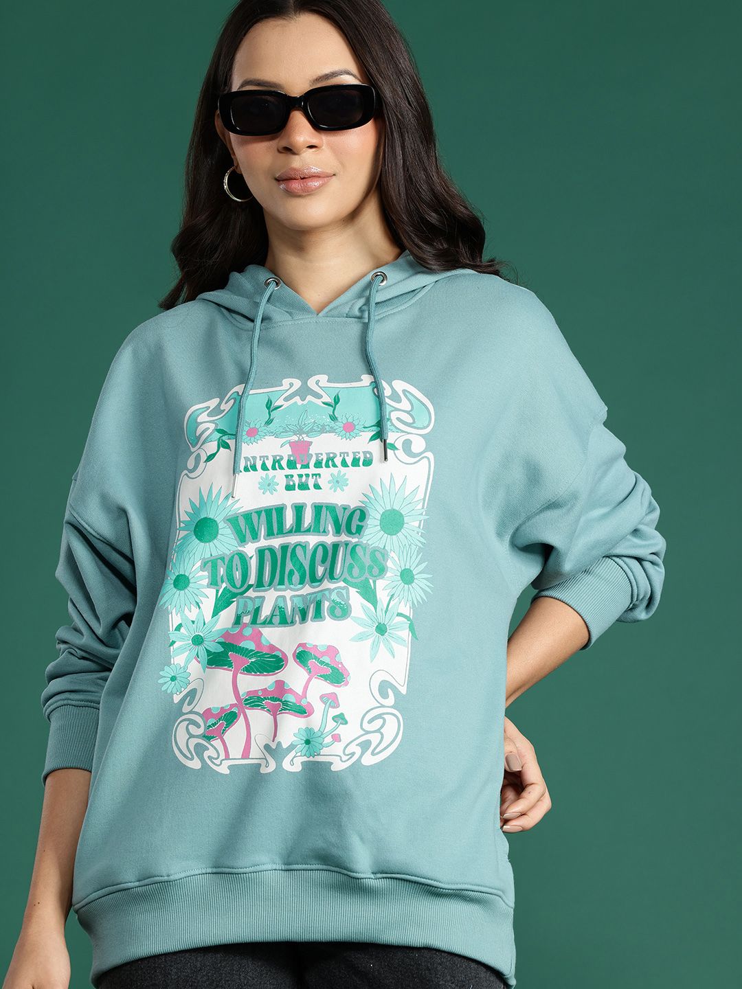 DressBerry Conversational Printed Drop-Shoulder Sleeve Hooded Sweatshirt