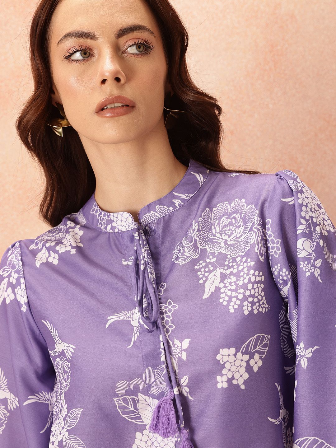 all about you Floral Print Tie-Up Neck Puff Sleeve Top