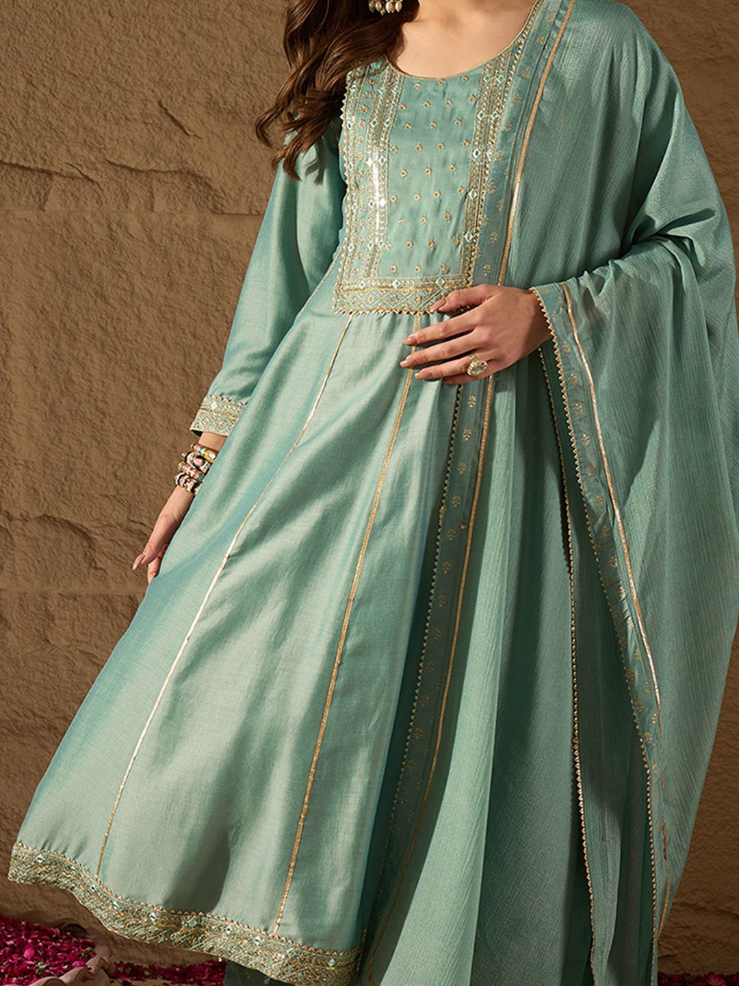 KALINI Ethnic Motifs Embroidered Panelled Kurta with Palazzos & With Dupatta