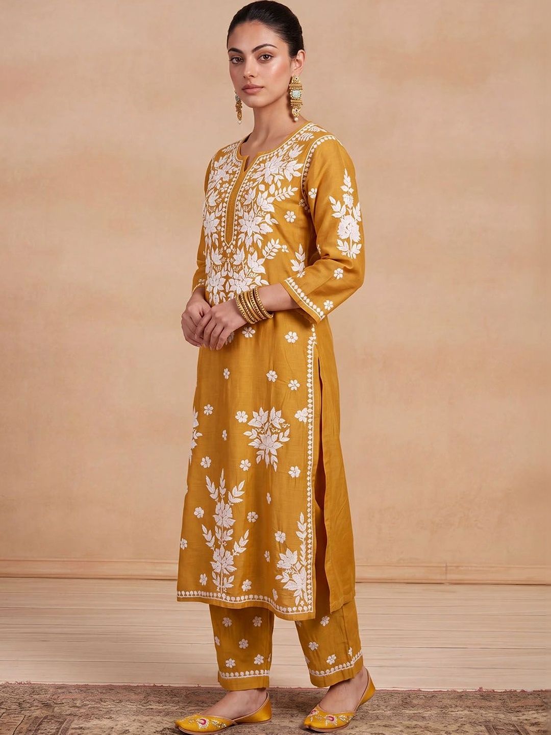 House of Chikankari Women Ethnic Motifs Embroidered Regular Thread Work Chanderi Silk Kurta with Trousers
