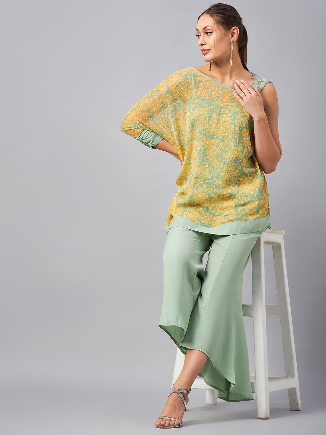 Antheaa Self Design One Shoulder Tunic With Flared Palazzos