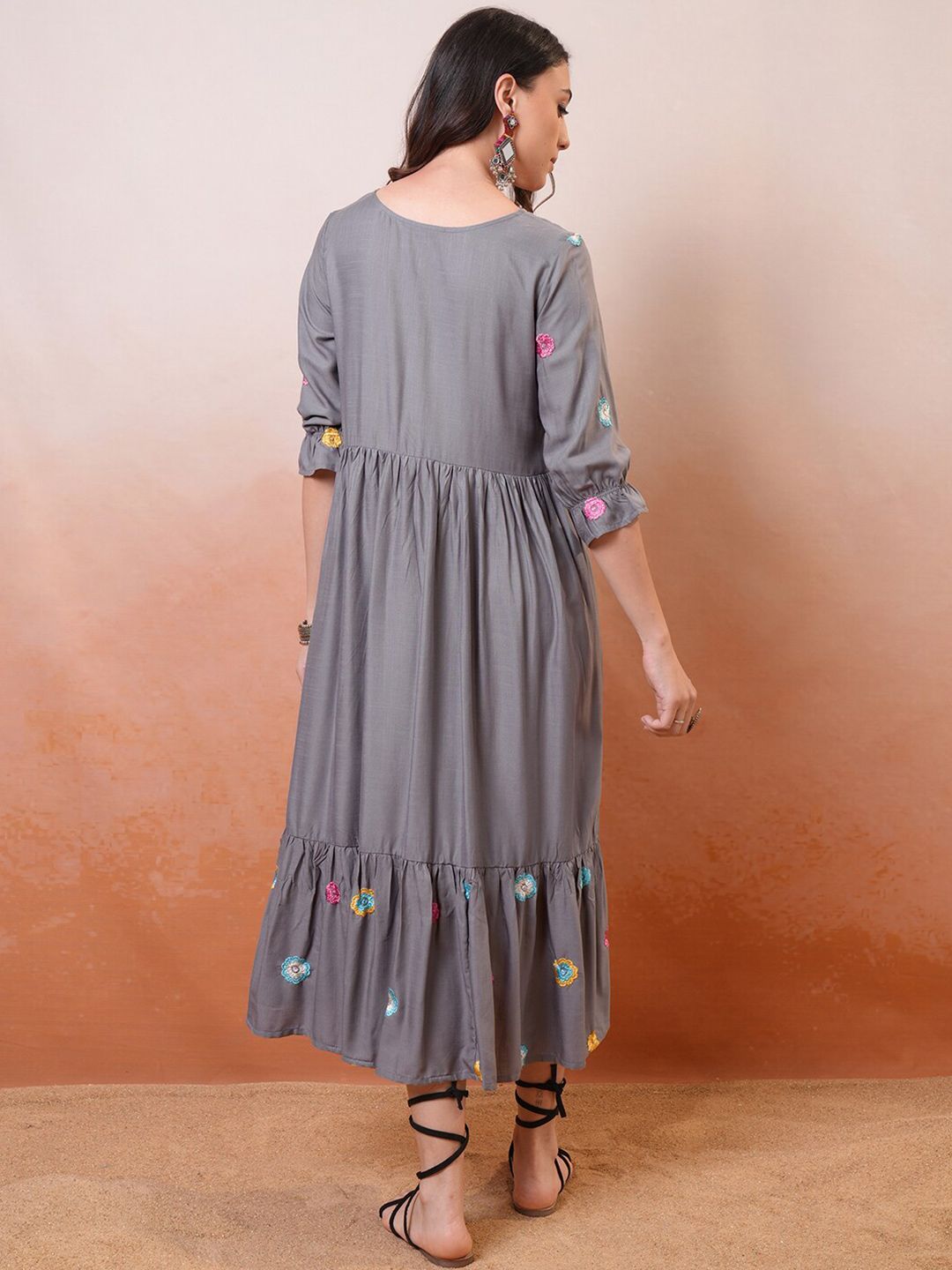 Vishudh Grey Floral Embroidered Round Neck Fit & Flare Midi Dress