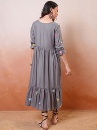 Vishudh Grey Floral Embroidered Round Neck Fit & Flare Midi Dress