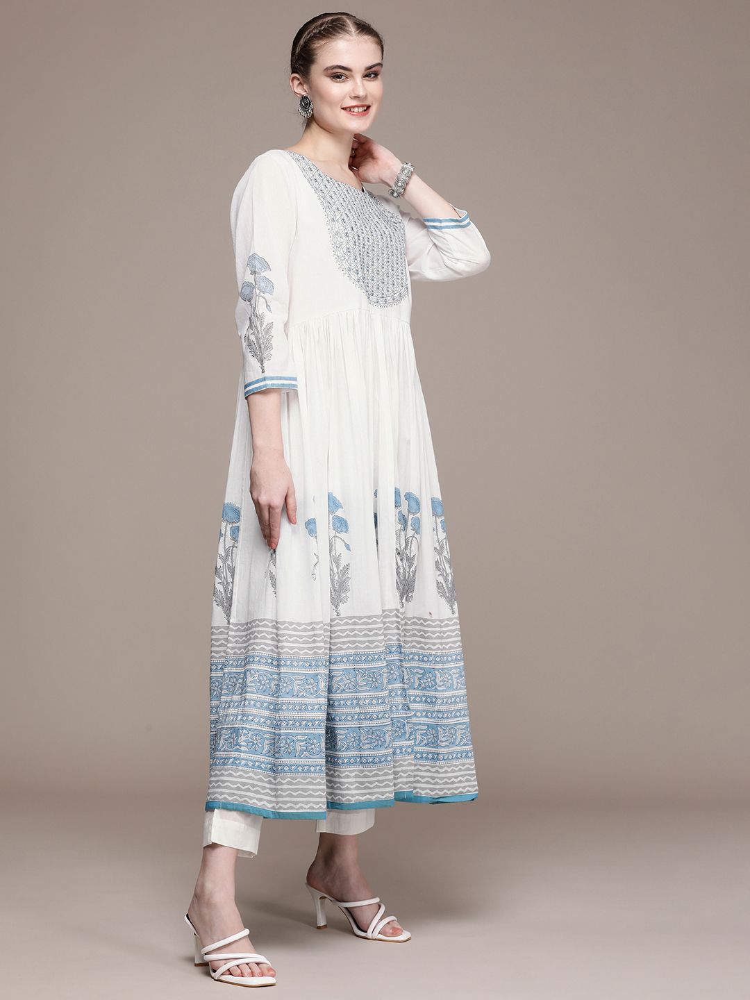 Anouk Women Floral Yoke Design Regular Mirror Work Cotton Kurta with Trousers & Dupatta