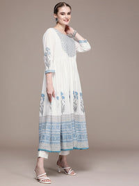 Anouk Women Floral Yoke Design Regular Mirror Work Cotton Kurta with Trousers & Dupatta