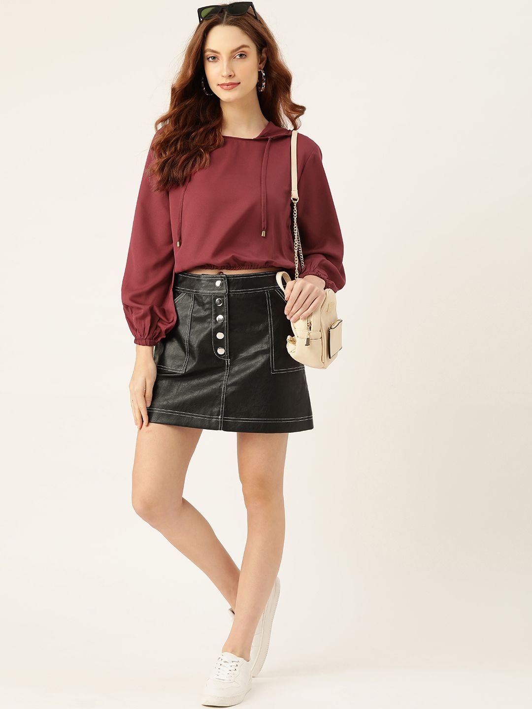 DressBerry Burgundy Hooded Solid Blouson Crop Top