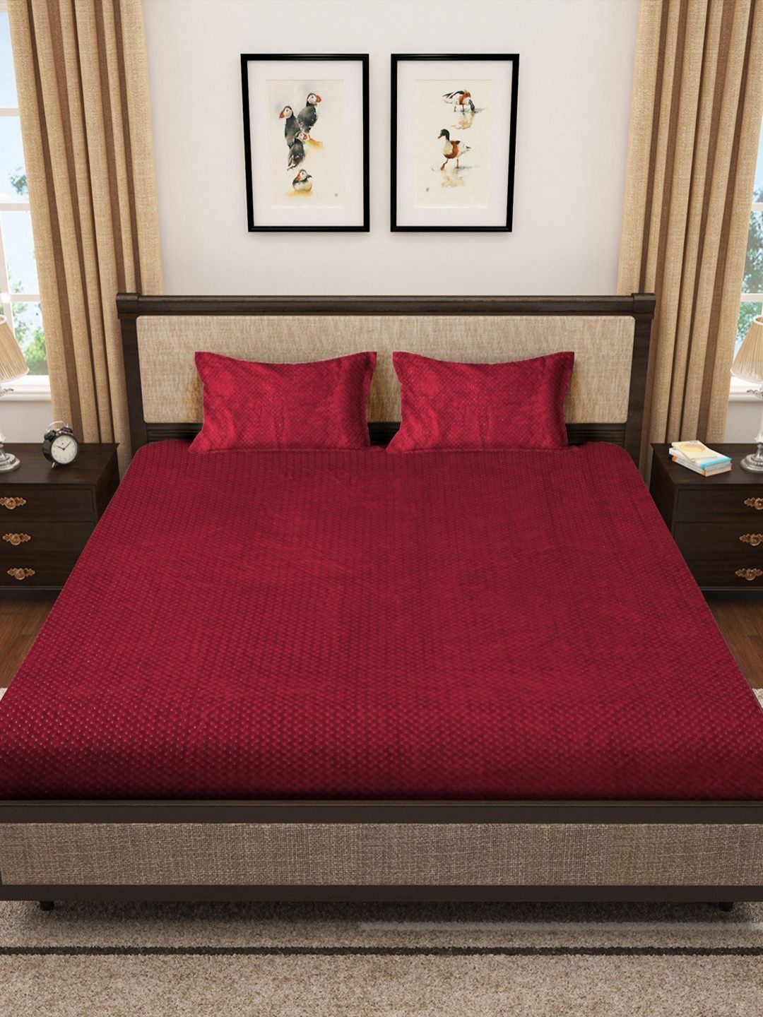 KLOTTHE Red Checked Woolen 300 TC King Bedsheet with 2 Pillow Covers-250 x 225 cm
