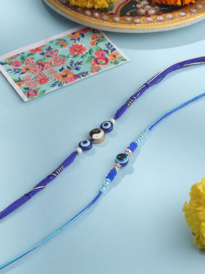 NVR Unisex Set of 2 Blue Evil Eye Artificial Beads Thread Rakhi with Roli Chawal