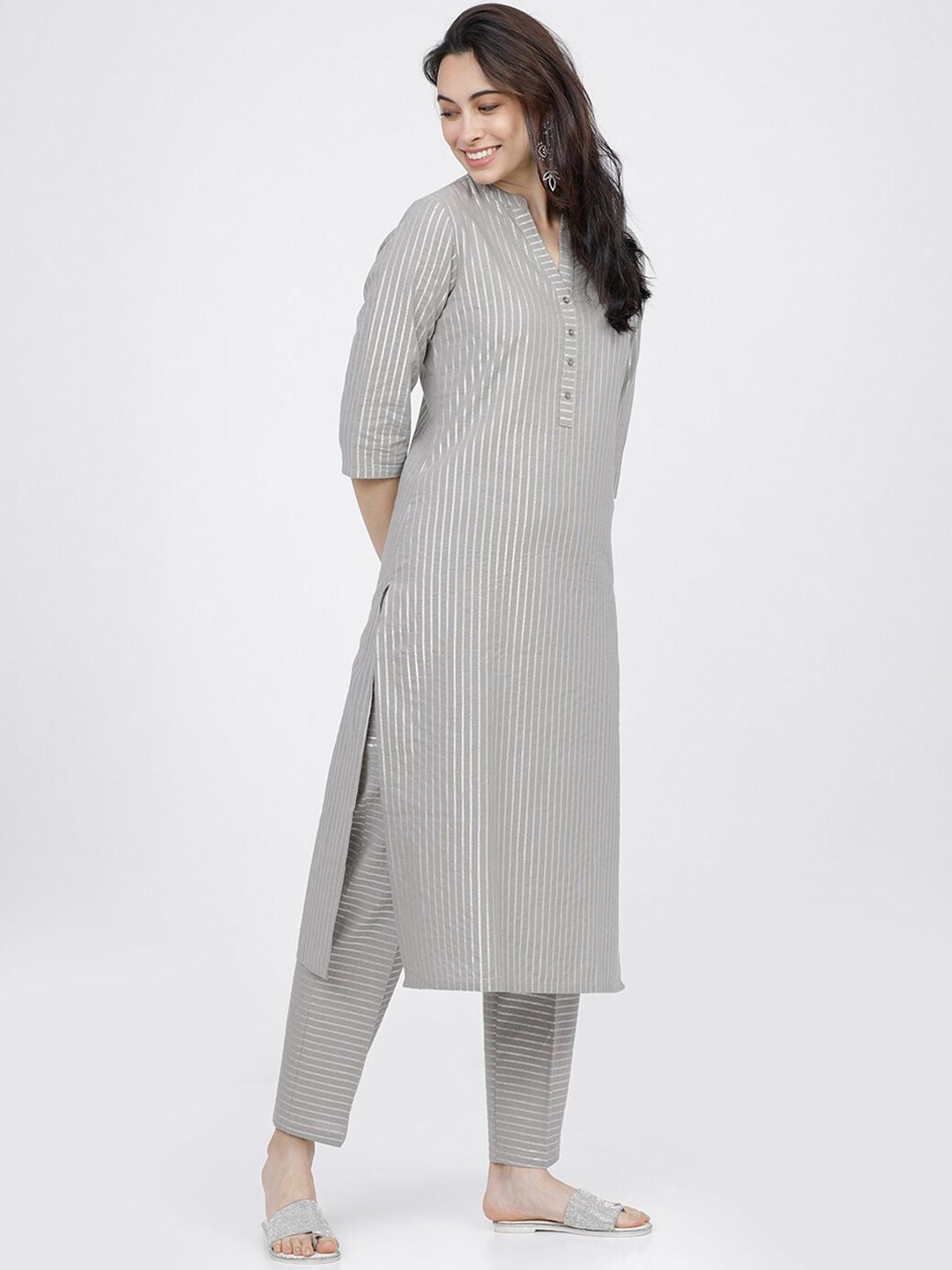 Vishudh Women Grey Striped Regular Pure Cotton Kurta with Trousers