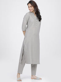 Vishudh Women Grey Striped Regular Pure Cotton Kurta with Trousers