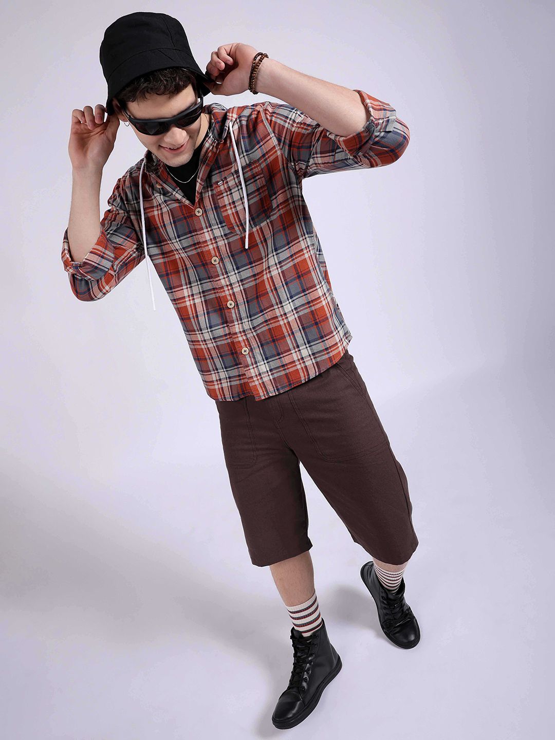 The Indian Garage Co Tartan Checked Hooded Twill Pure Cotton Casual Shirt