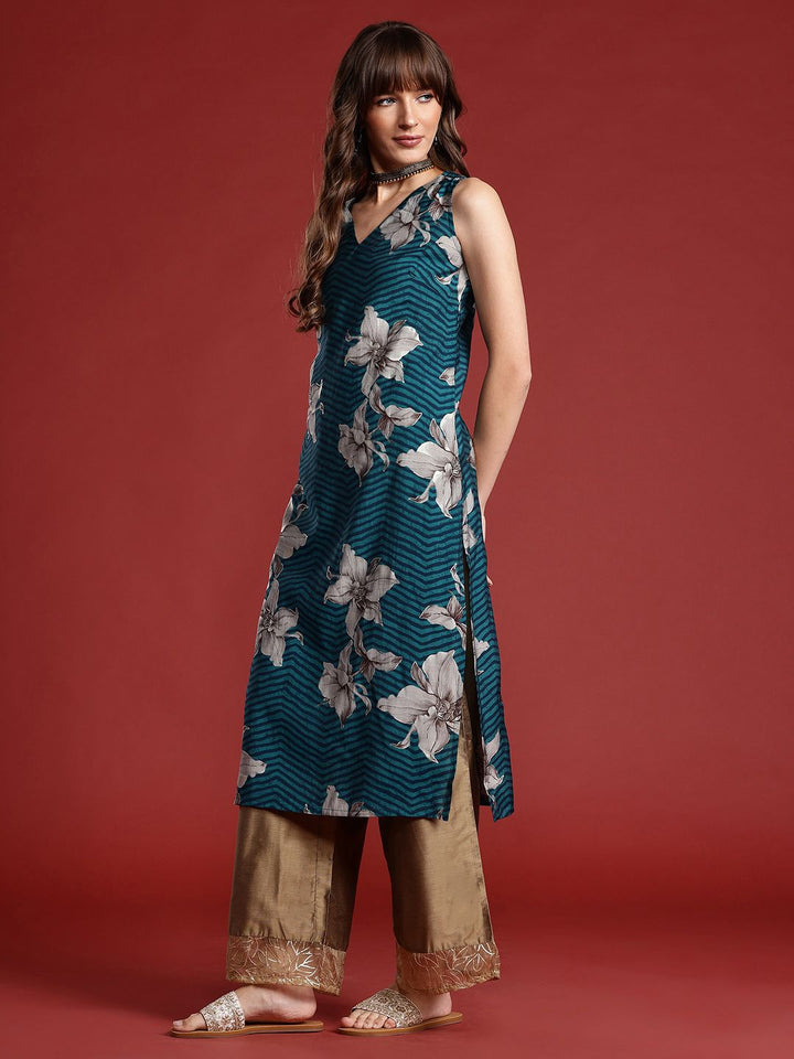 Anouk Floral Printed V-Neck Straight Kurta