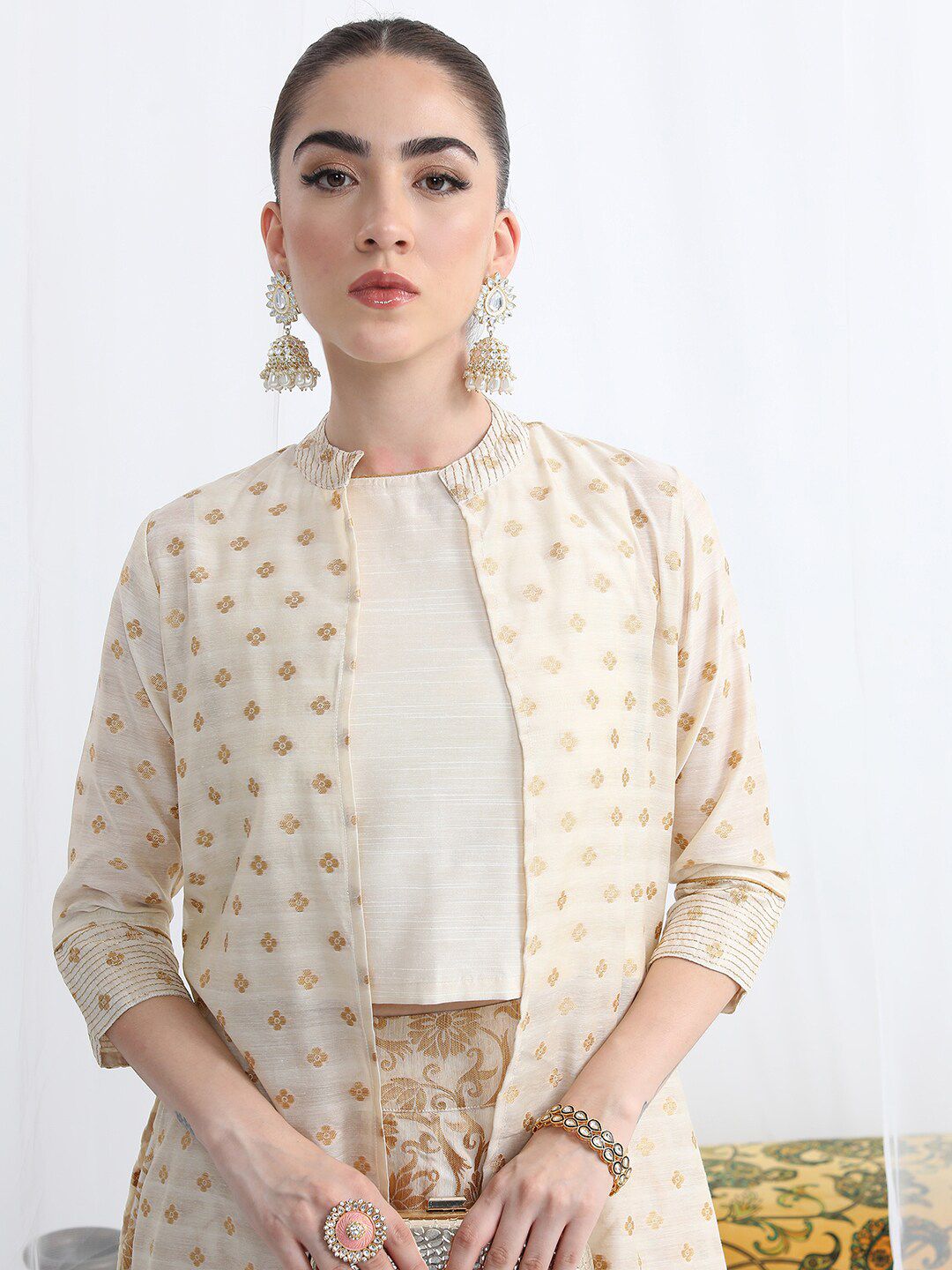 Vishudh Ethnic Motifs Woven Design Top & Skirt With A-Line Jacket
