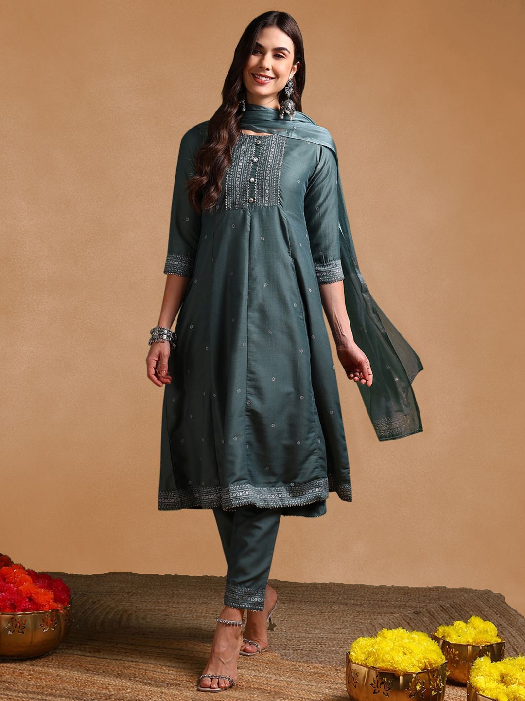 KALINI Ethnic Motifs Printed Round Neck Gotta Patti Empire Kurta With Trouser & Dupatta