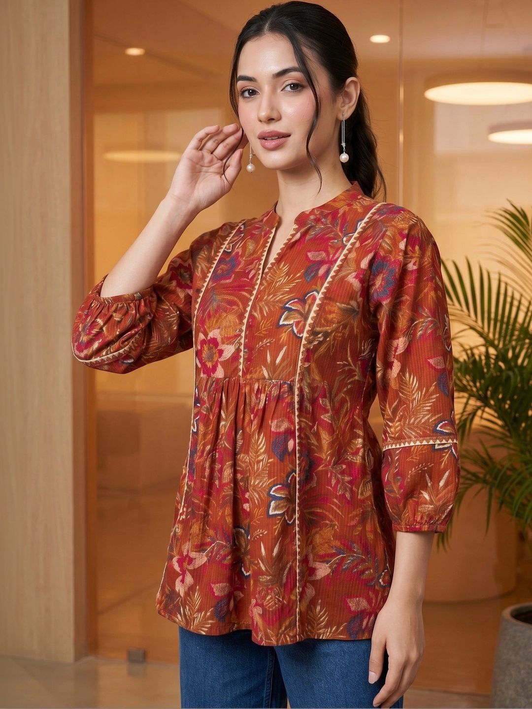 Mamicha Floral Print Kolar Mandarin Puff Lengan Cotton Peplum Top