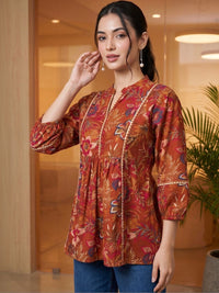 Mamicha Floral Print Kolar Mandarin Puff Lengan Cotton Peplum Top